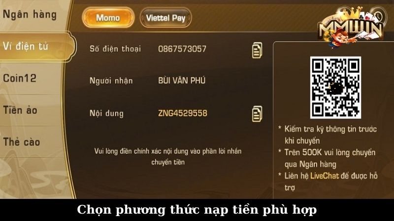 Chọn phương thức nạp tiền phù hợp