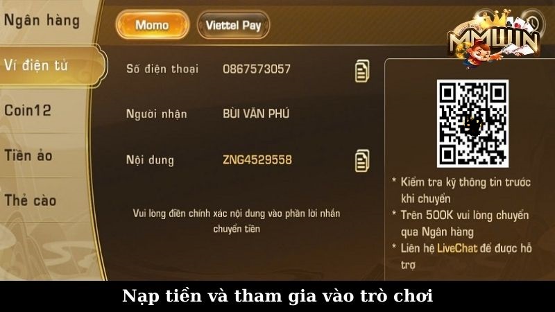 Nạp tiền và tham gia vào trò chơi